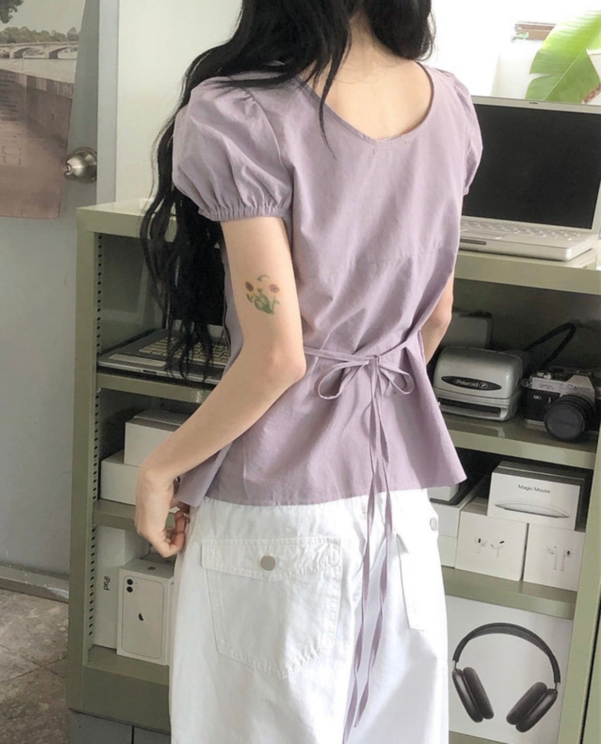 綁帶鈕扣修腰襯衫 四色入
