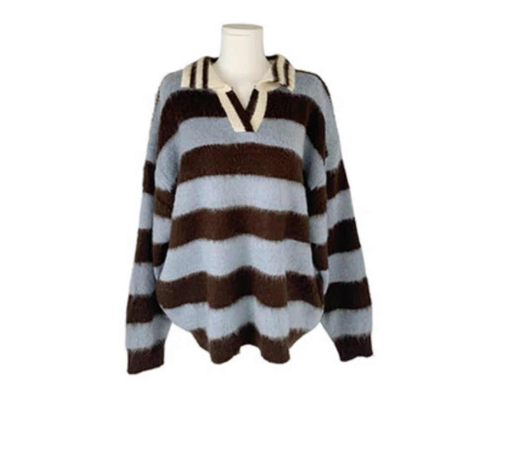 Striped Collar Brushed Knit Sweater