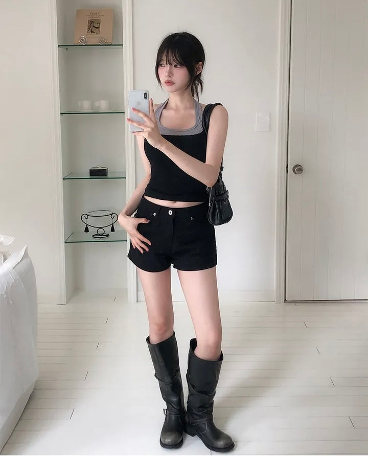 蕾絲假兩件掛脖背心 三色入