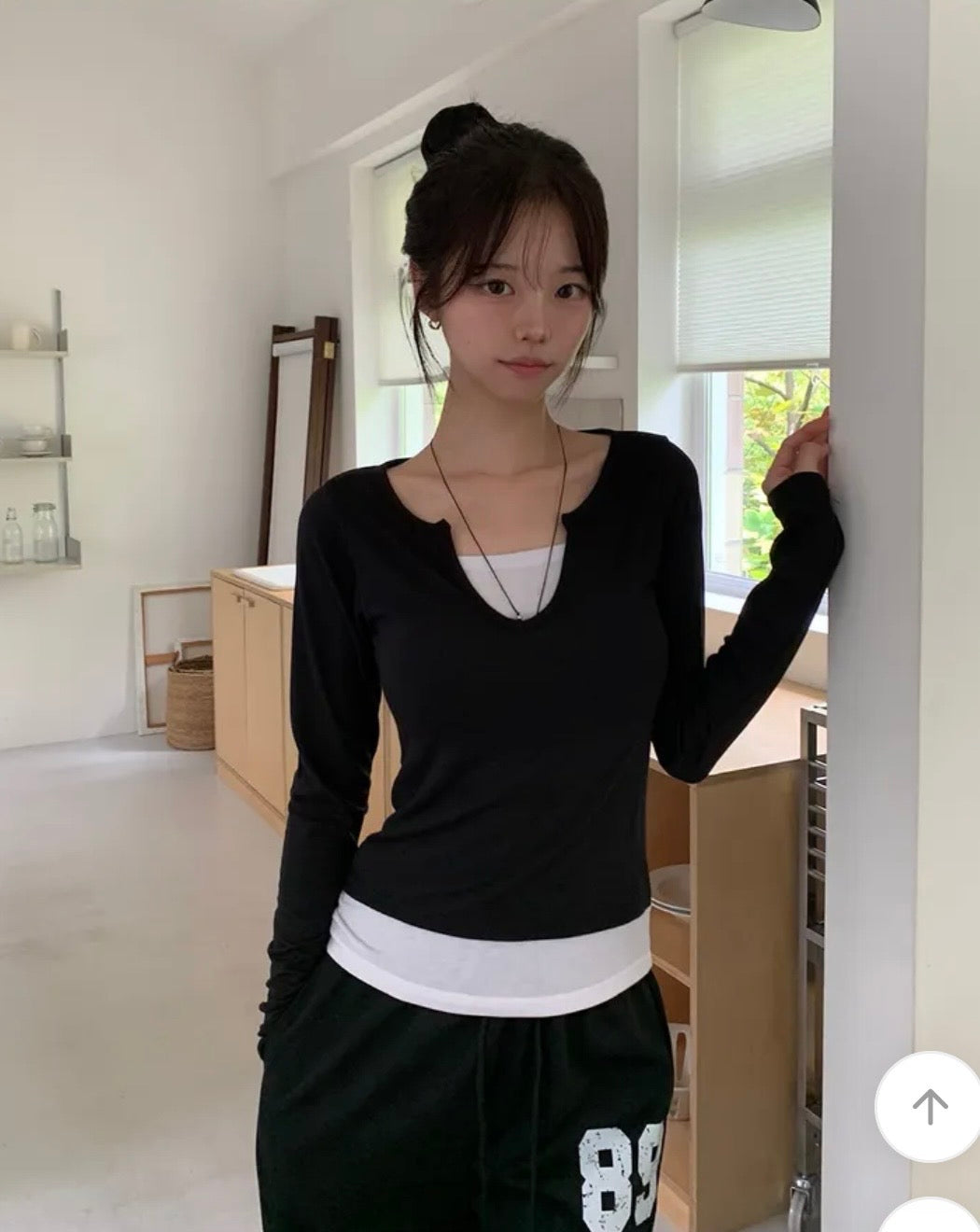 假兩件U領長袖Top 四色入
