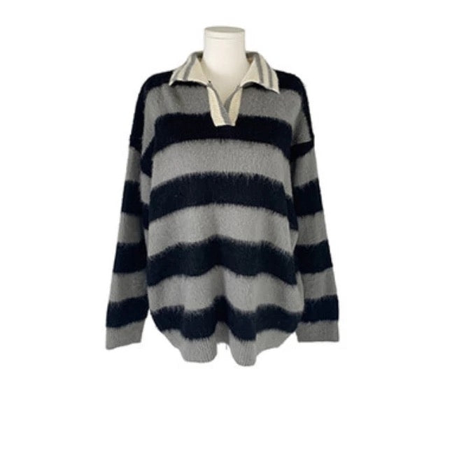 Striped Collar Brushed Knit Sweater