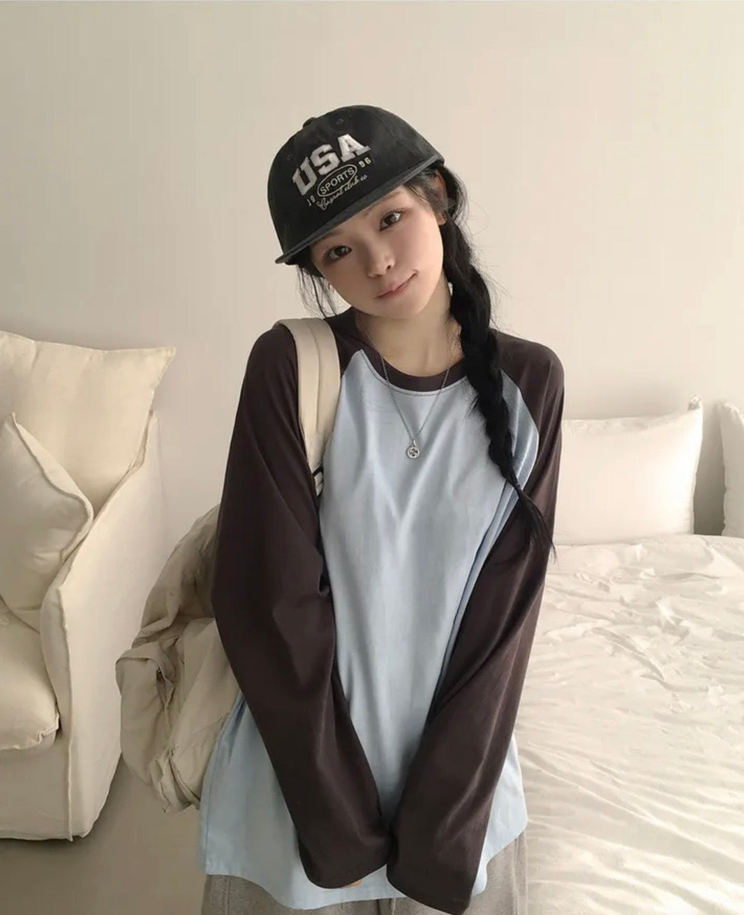 Oversize牛角插肩長袖Tee 五色入