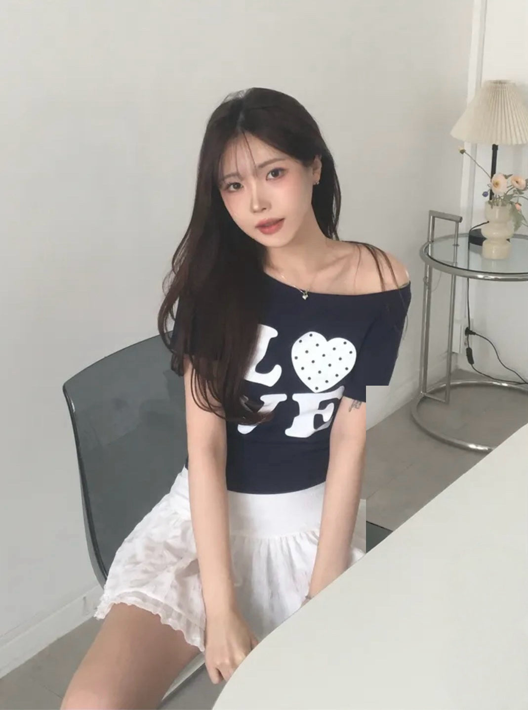LOVE愛心斜肩短T 三色入