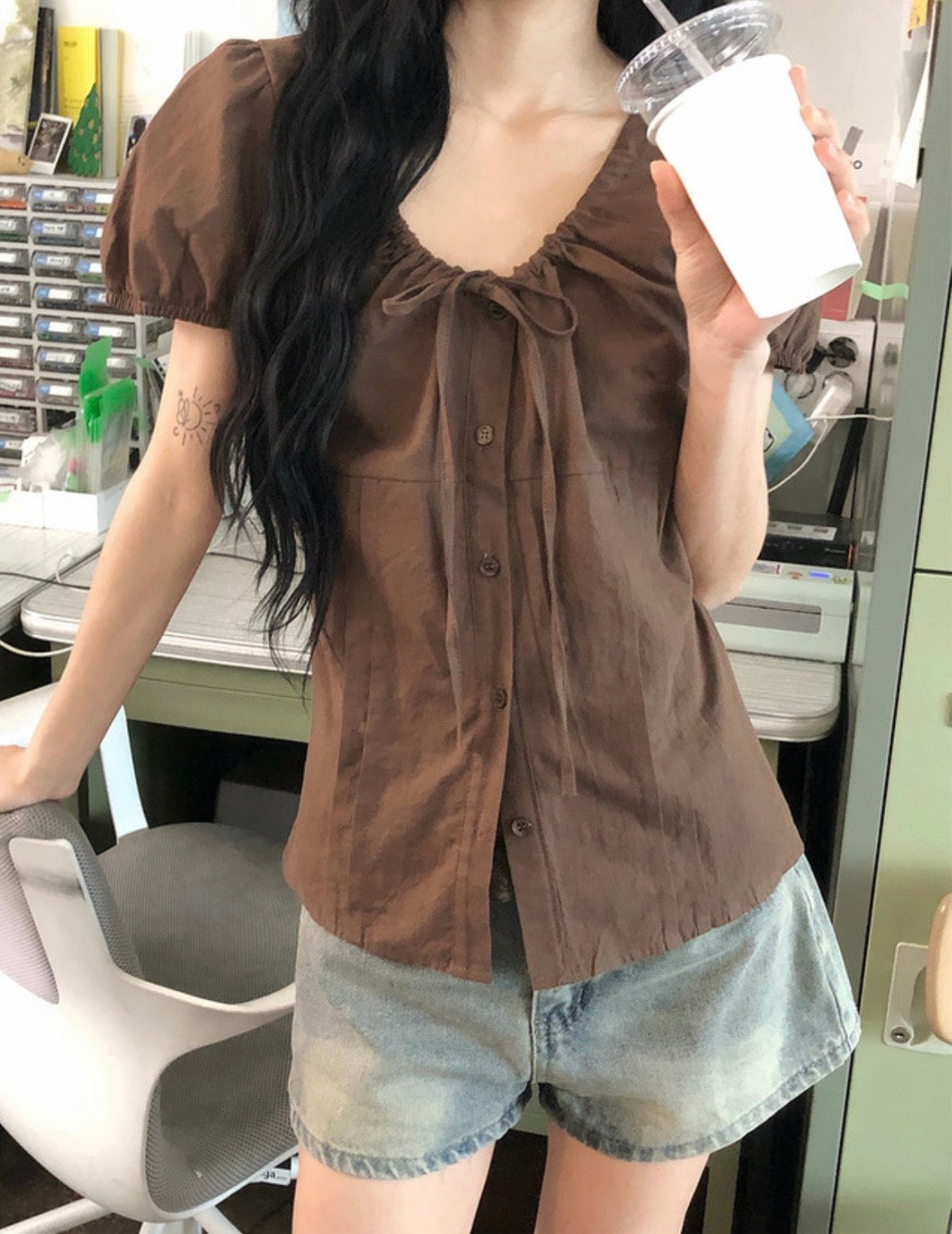 綁帶鈕扣修腰襯衫 四色入