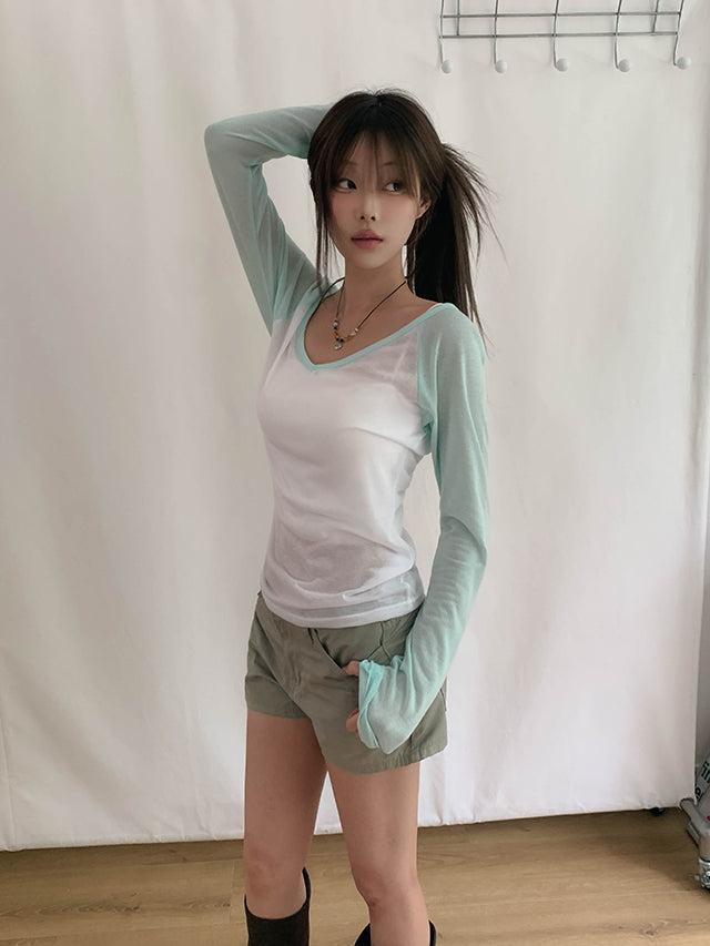 V領撞色透透Top 七色入