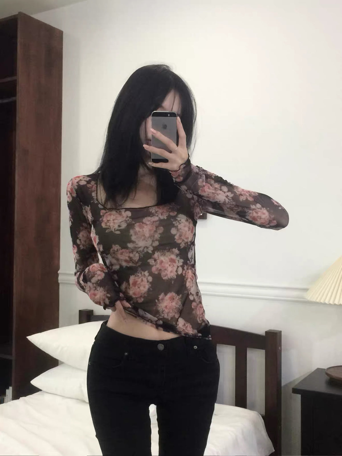 碎花方領網紗Top 兩色入