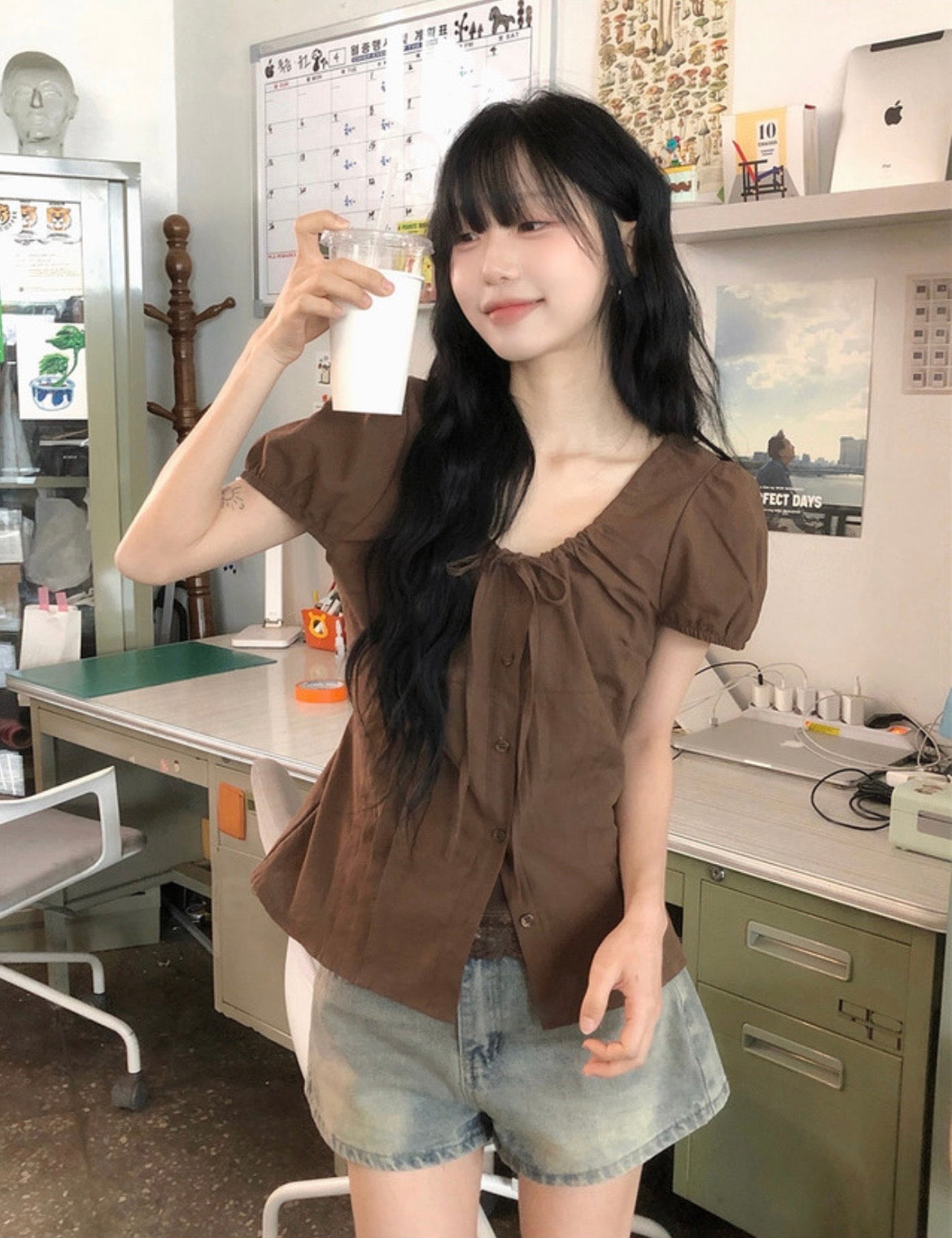 綁帶鈕扣修腰襯衫 四色入