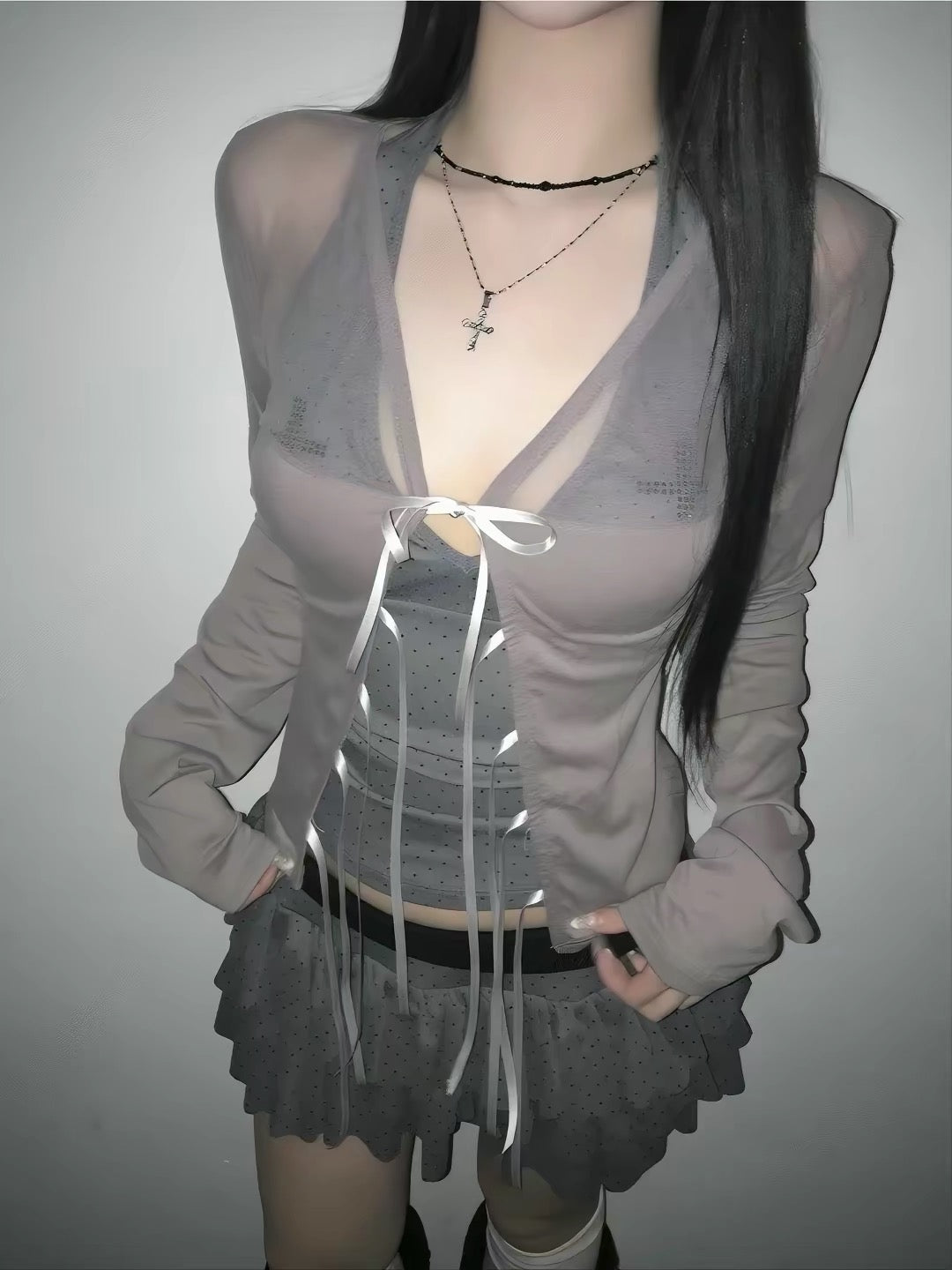 綁帶透感長袖罩衫 三色入