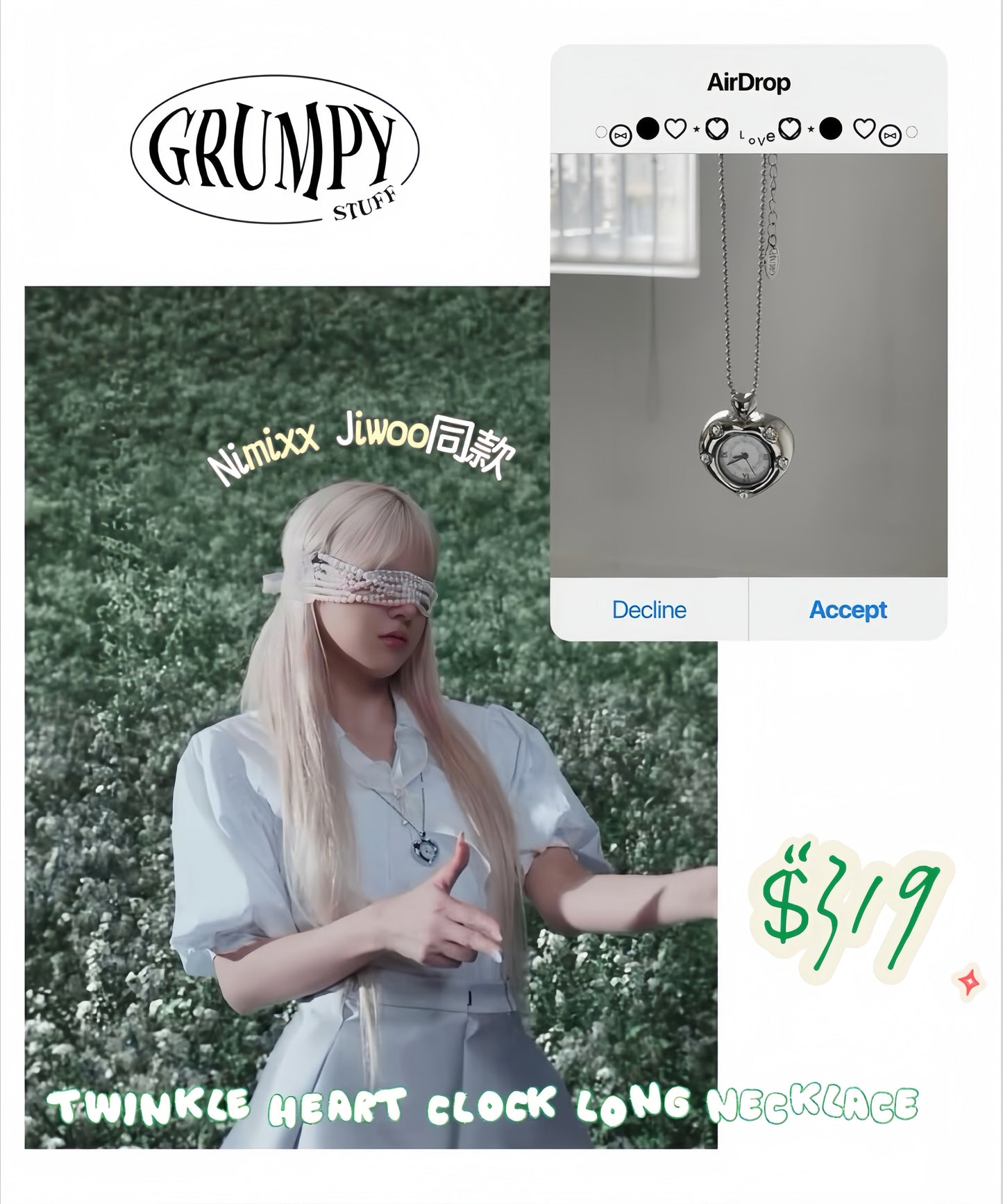 Grumpy Stuff Twinkle Heart Clock Long Necklace