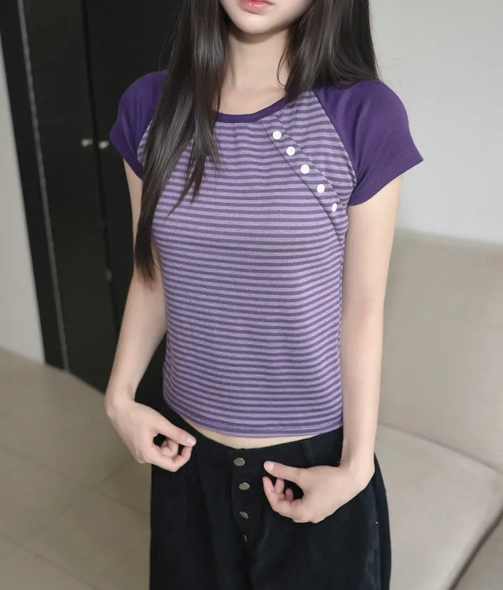 條紋插肩斜鈕短T 兩色入