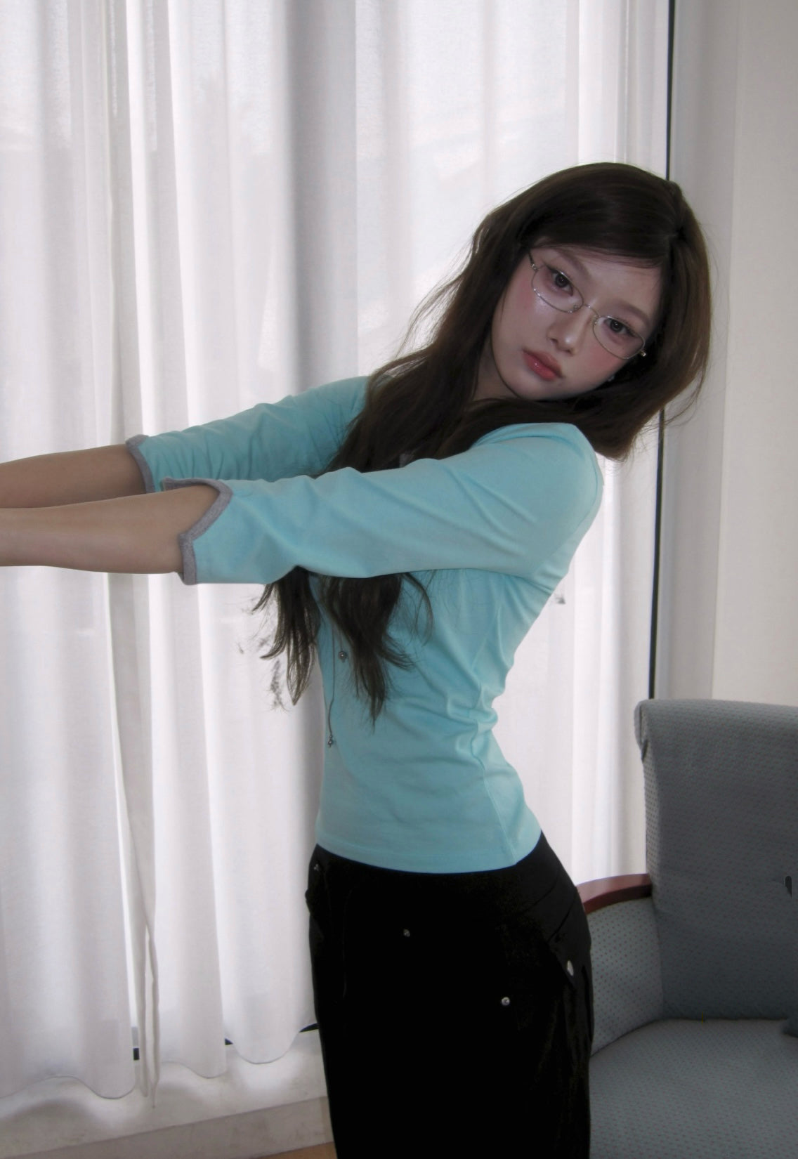 韓牌自家製3/4袖拼色Top 四色入