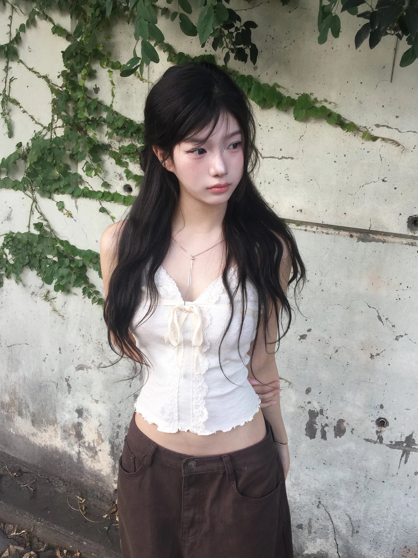 3月限定韓貨預訂95折☆ Lace蝴蝶結綁帶背心 兩色入