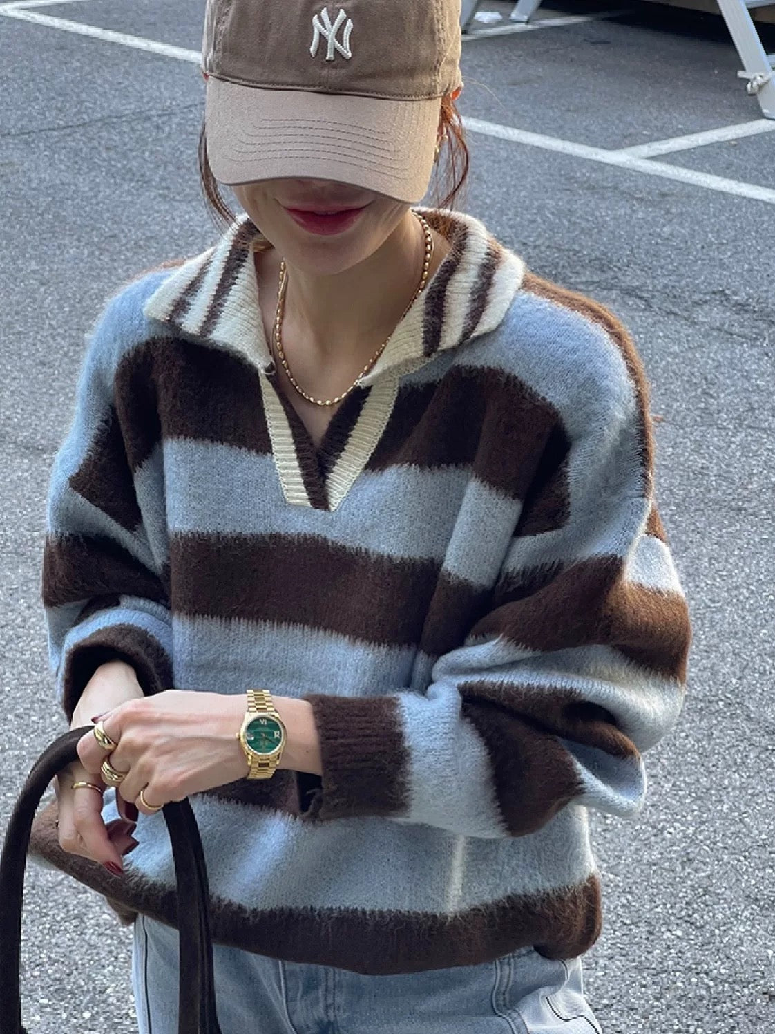 Striped Collar Brushed Knit Sweater
