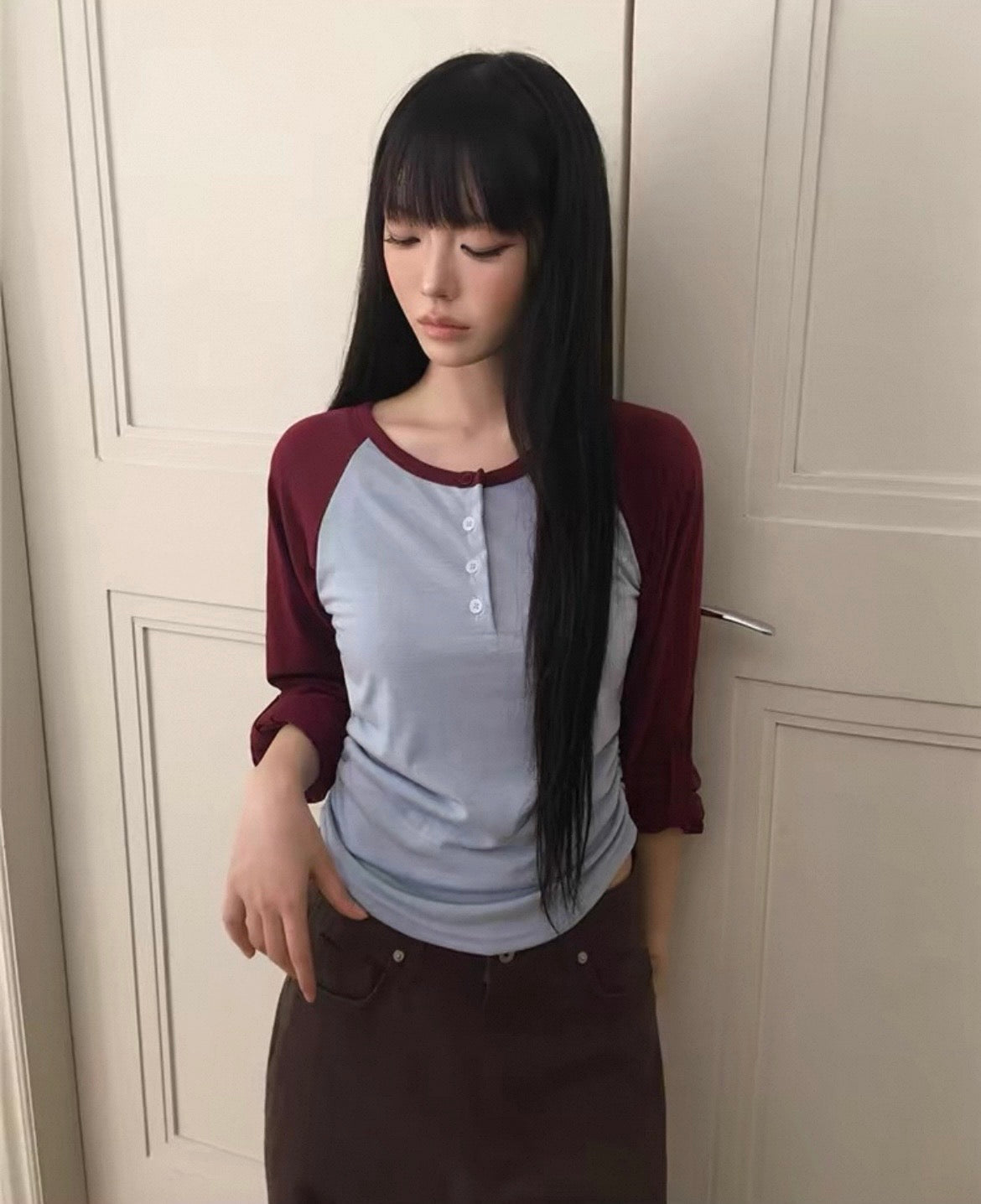插肩鈕扣牛角Tee 四色入