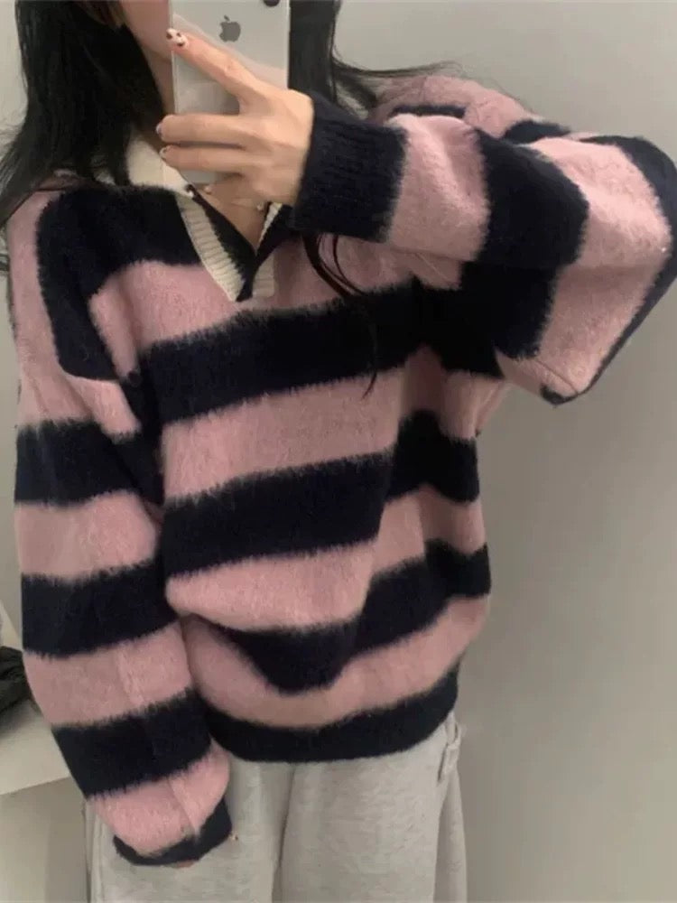 Striped Collar Brushed Knit Sweater