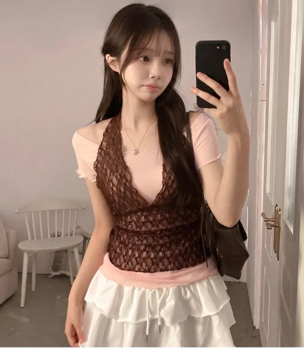 Lace V領短袖兩件set 三色入