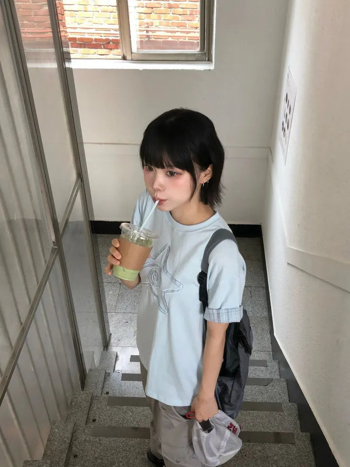 7月韓貨預訂95折಄格紋星星短袖Tee 五色入