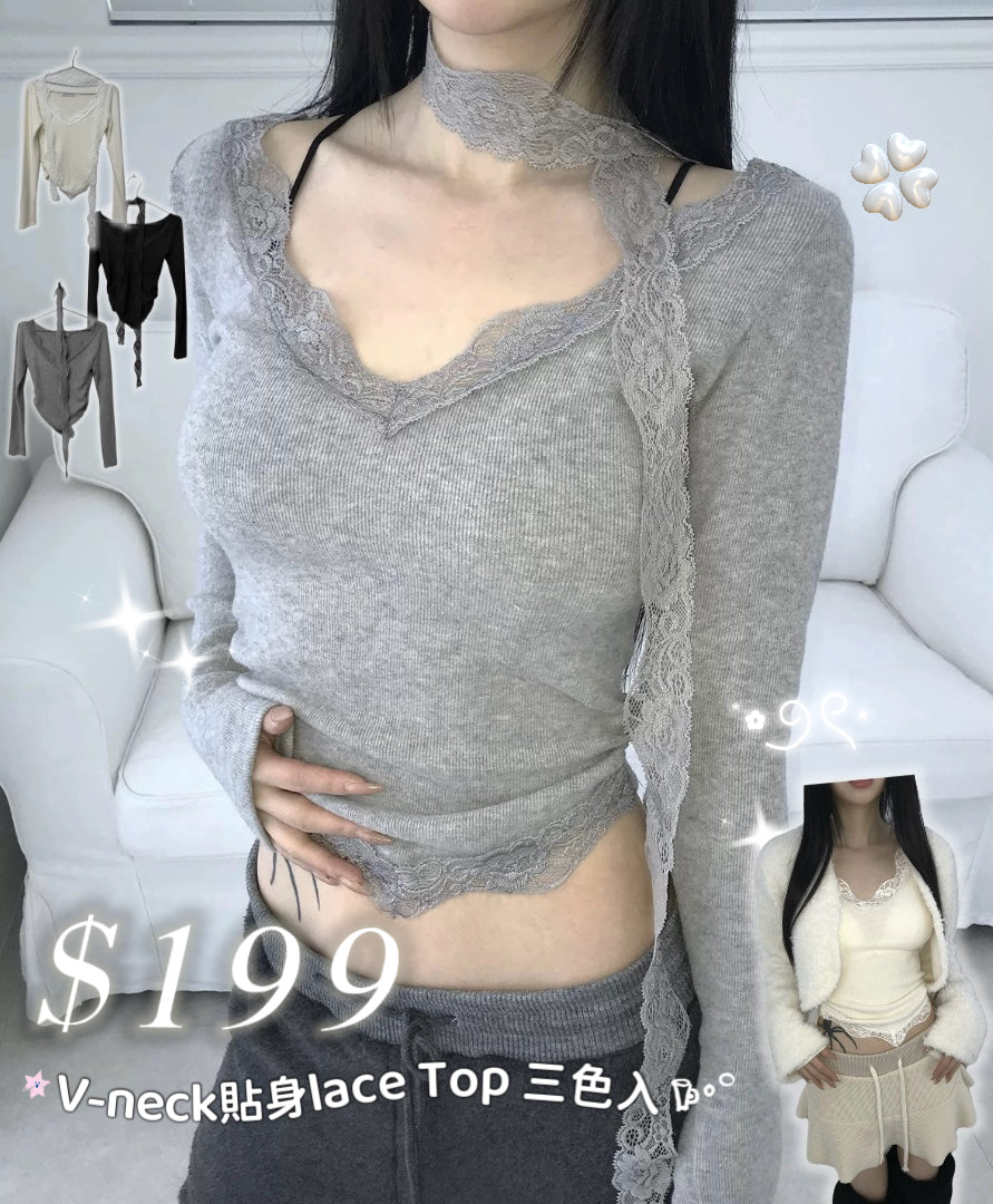 3月限定韓貨預訂95折☆ V-neck貼身Lace Top 三色入