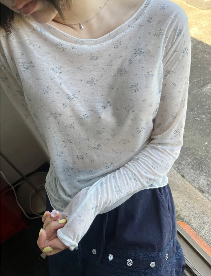碎花透透薄長袖