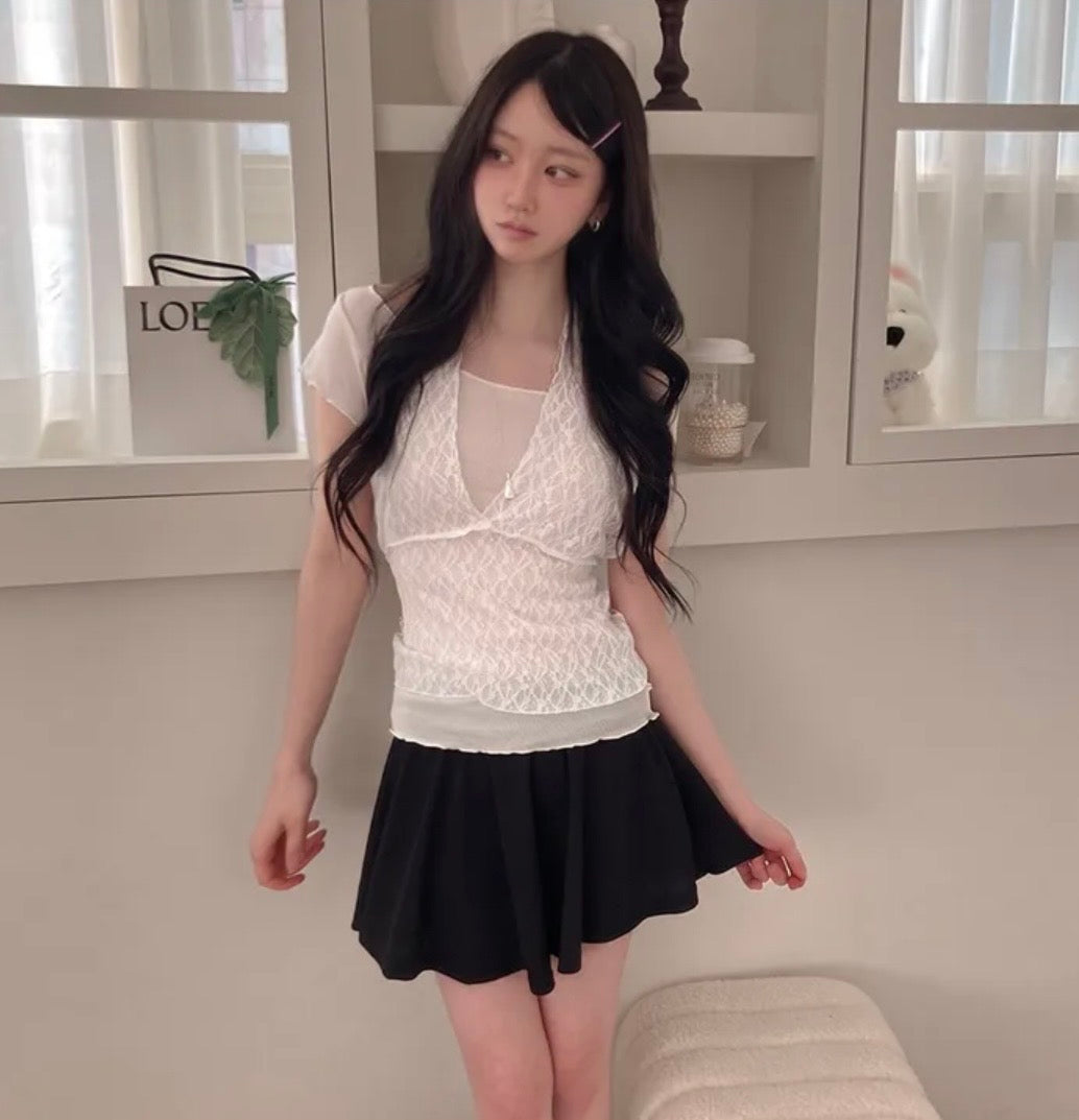Lace V領短袖兩件set 三色入
