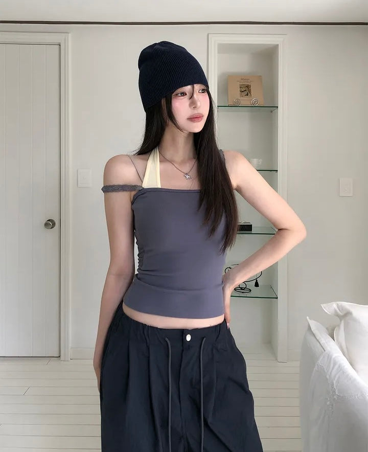 蕾絲假兩件掛脖背心 三色入