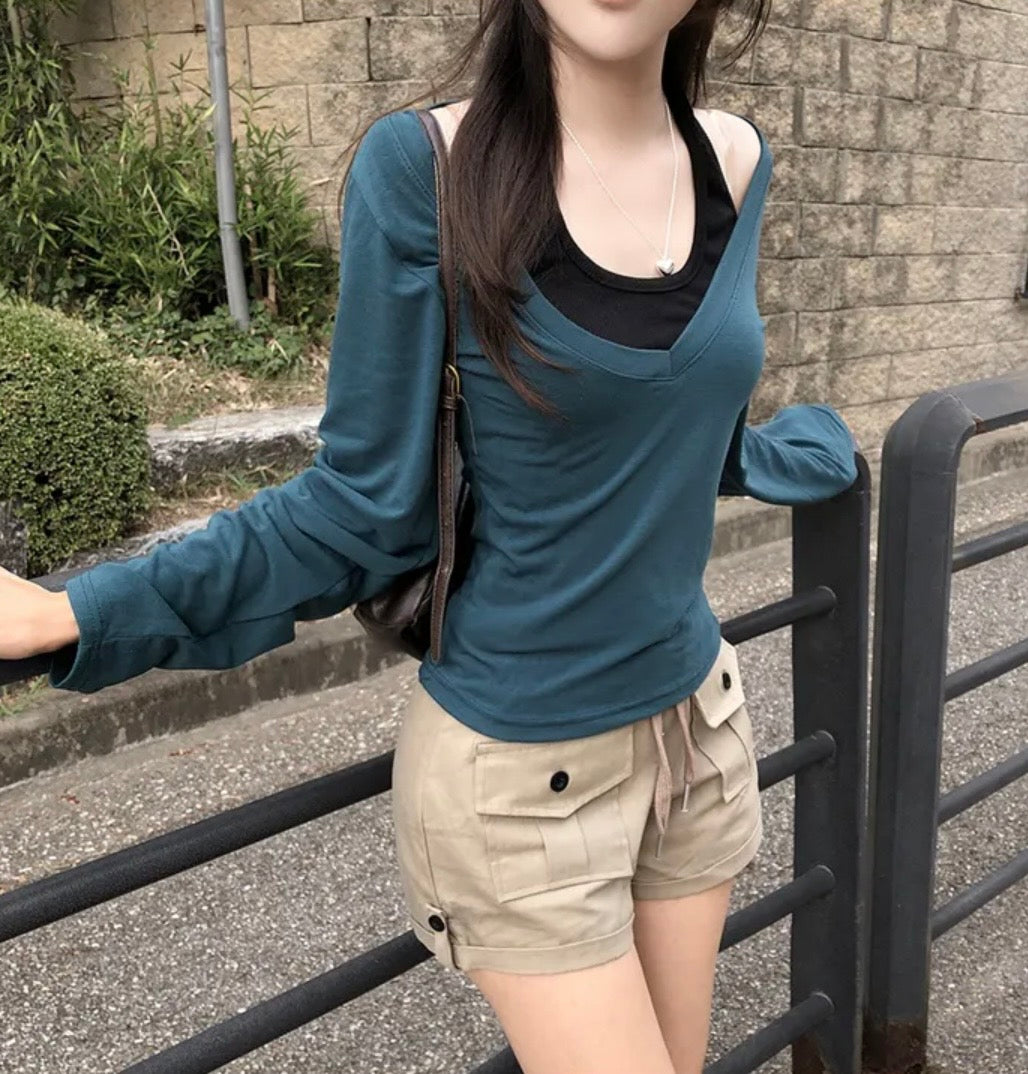 掛脖假兩件V領長袖 三色入