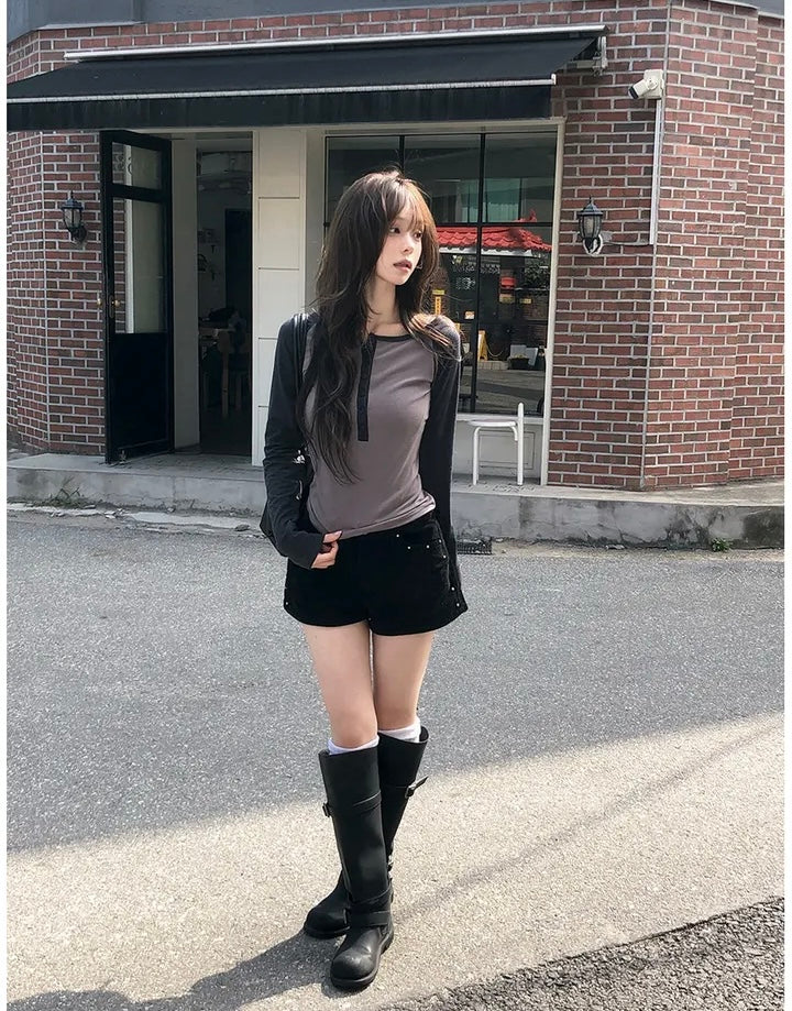 插肩半扣牛角Tee 三色入