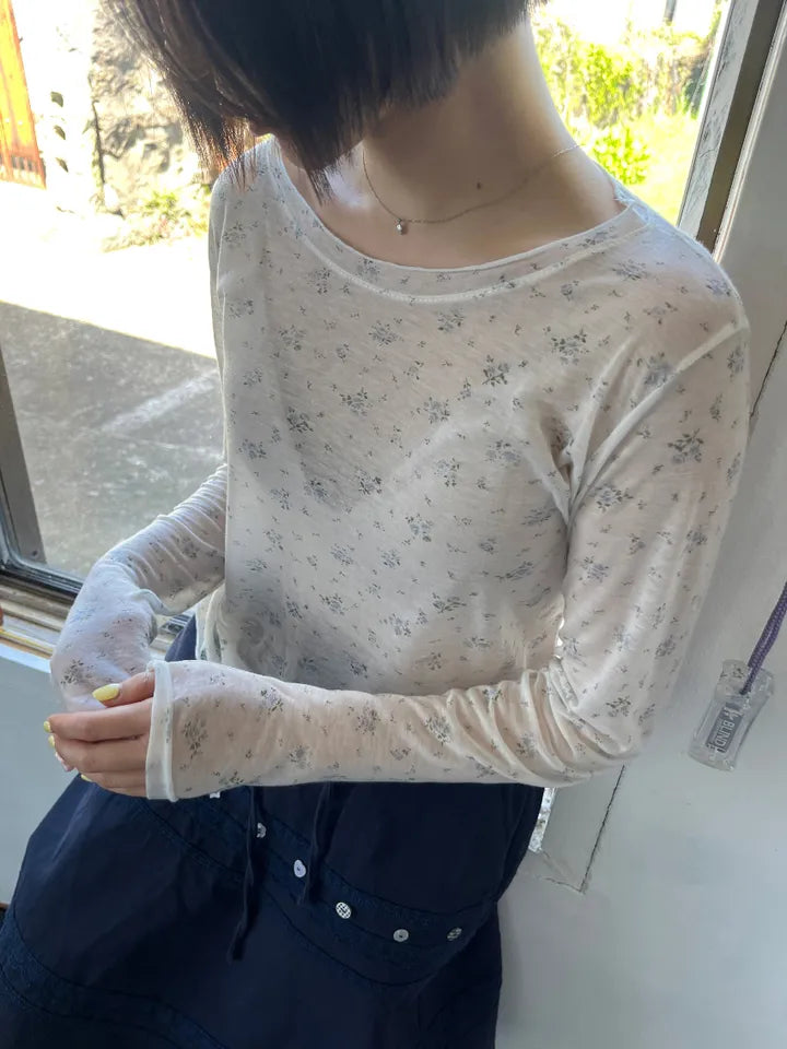 碎花透透薄長袖