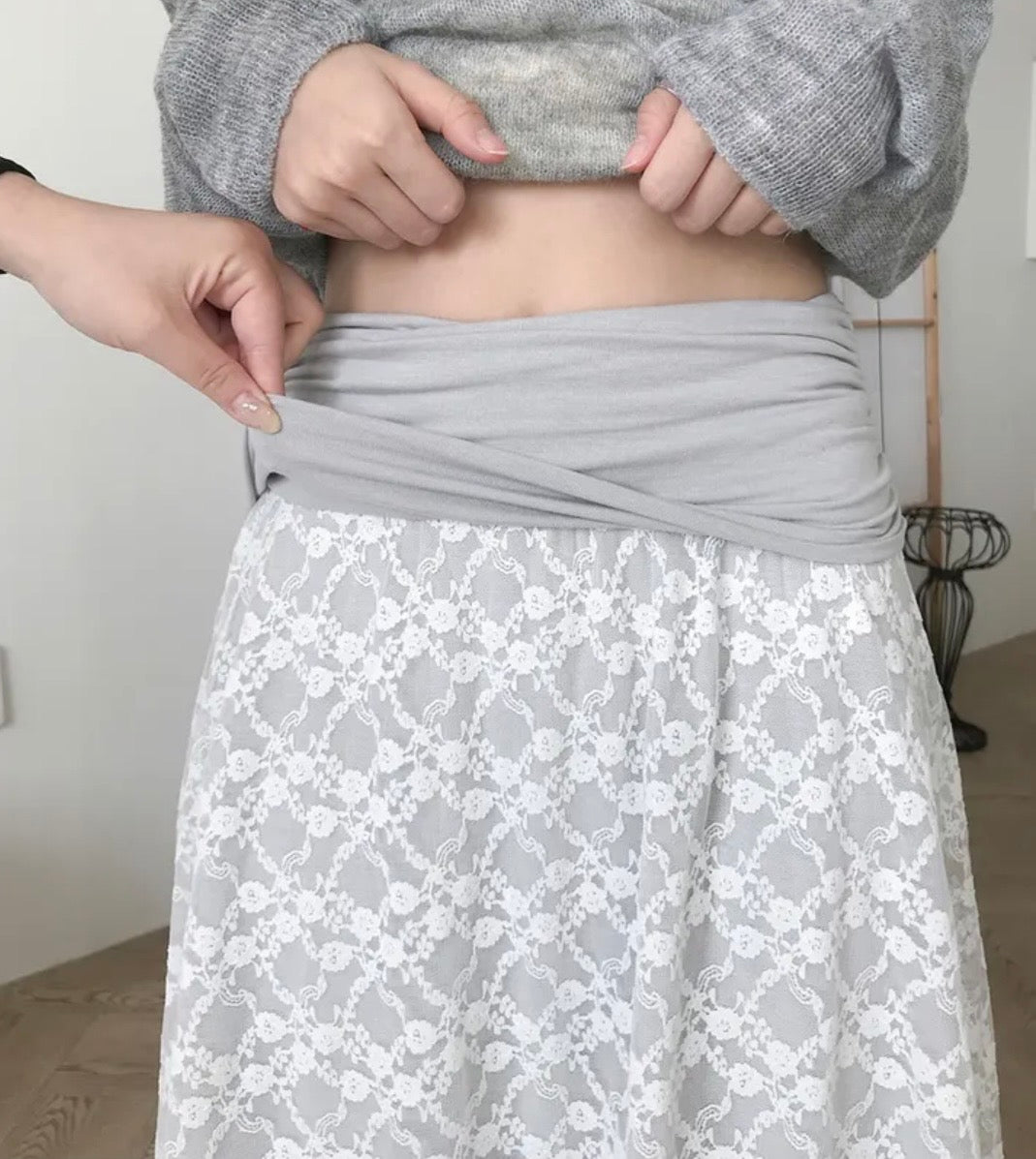 腰頭皺褶蕾絲中長裙 三色入