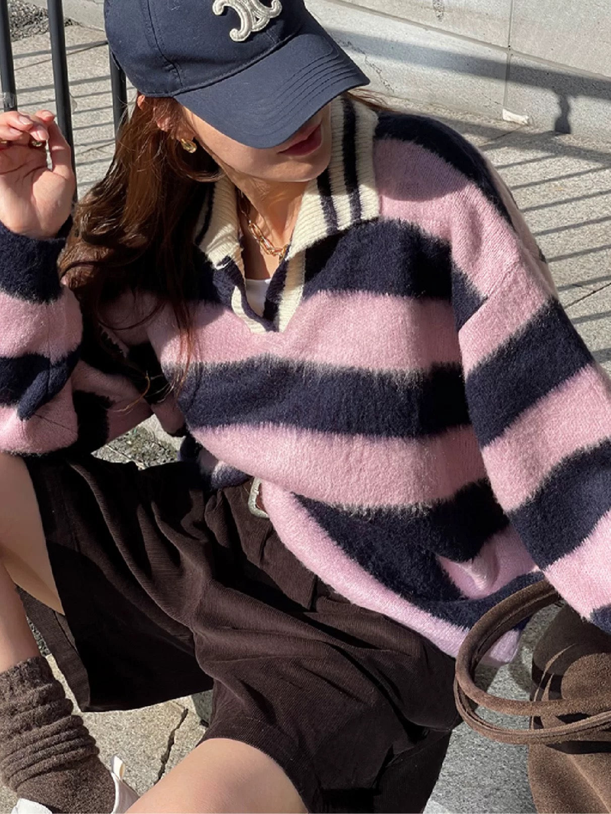 Striped Collar Brushed Knit Sweater