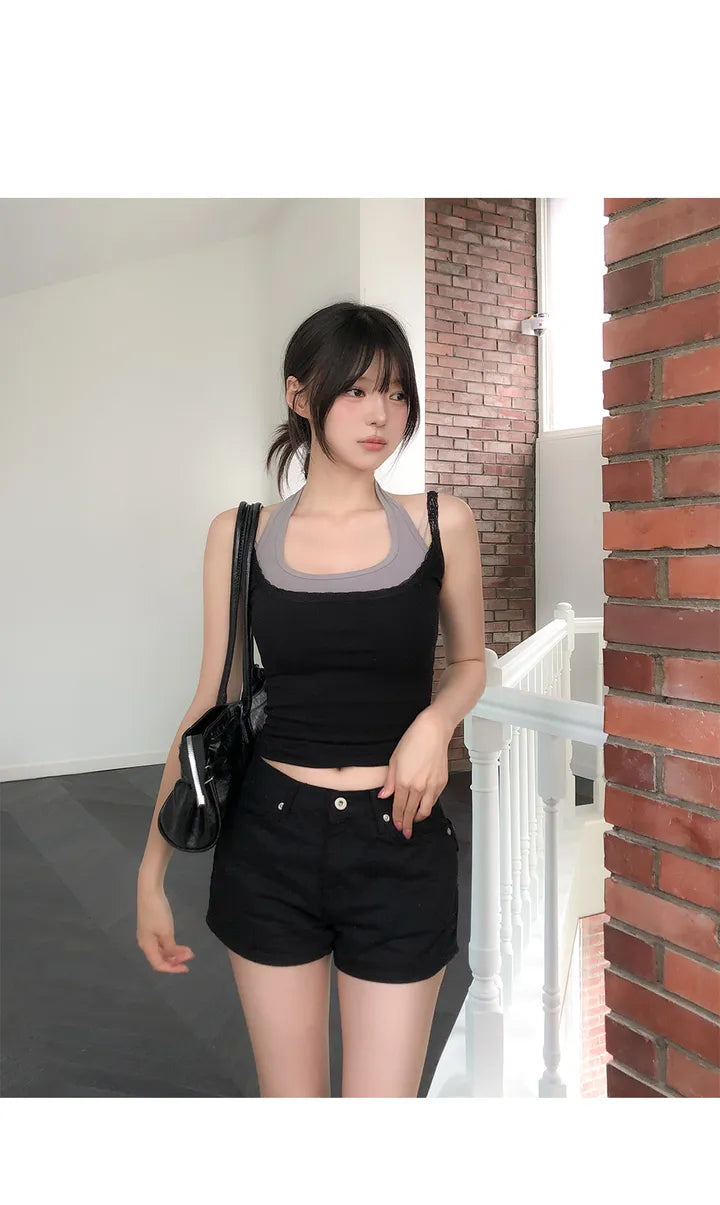 蕾絲假兩件掛脖背心 三色入
