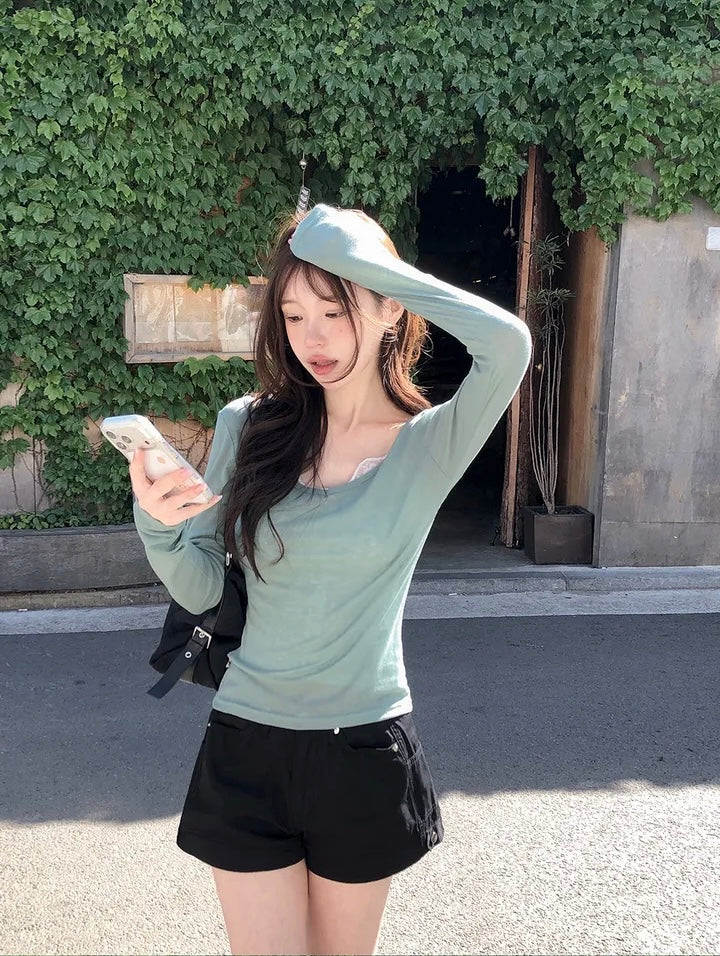 U領透透長袖Top 十三色入