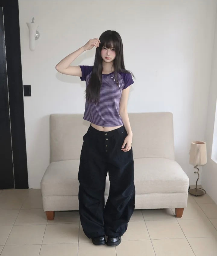 條紋插肩斜鈕短T 兩色入