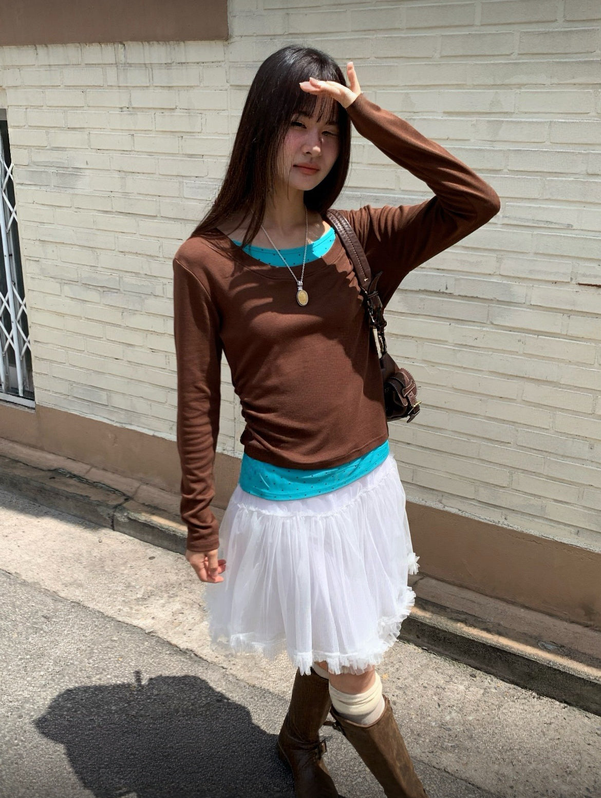 波點假兩件長袖上衣 三色入