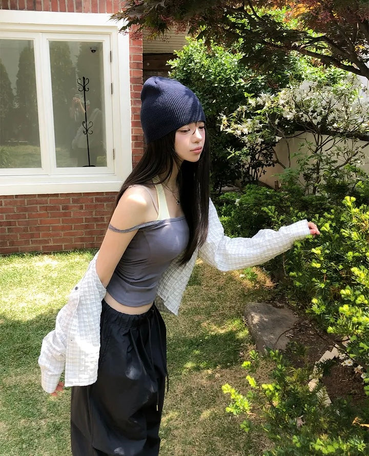 蕾絲假兩件掛脖背心 三色入