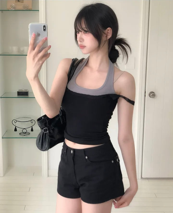 蕾絲假兩件掛脖背心 三色入