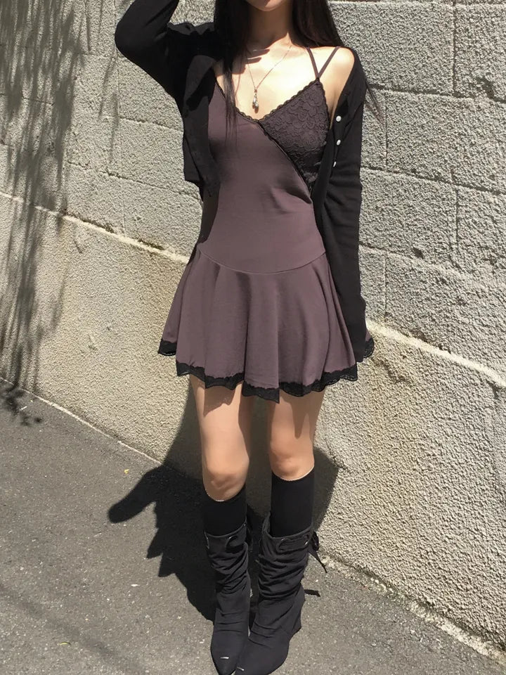 Lace拼布吊帶短裙 三色入