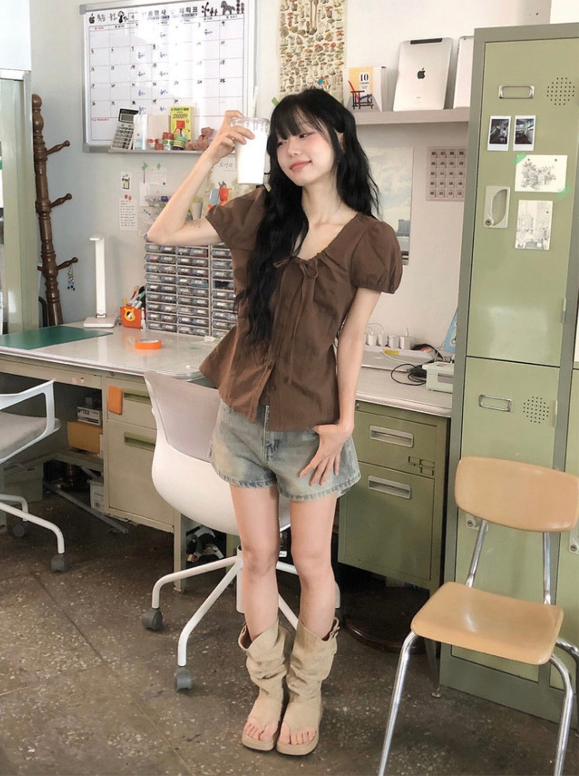 綁帶鈕扣修腰襯衫 四色入