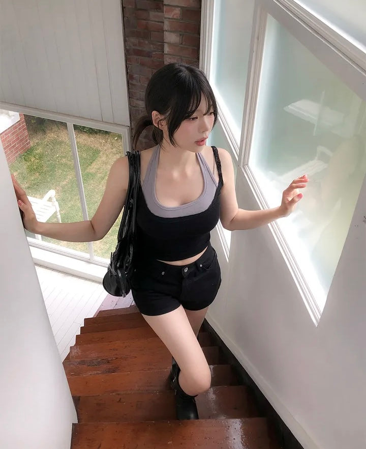 蕾絲假兩件掛脖背心 三色入
