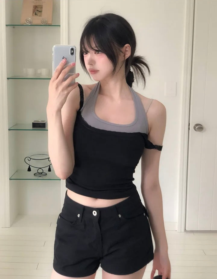 蕾絲假兩件掛脖背心 三色入