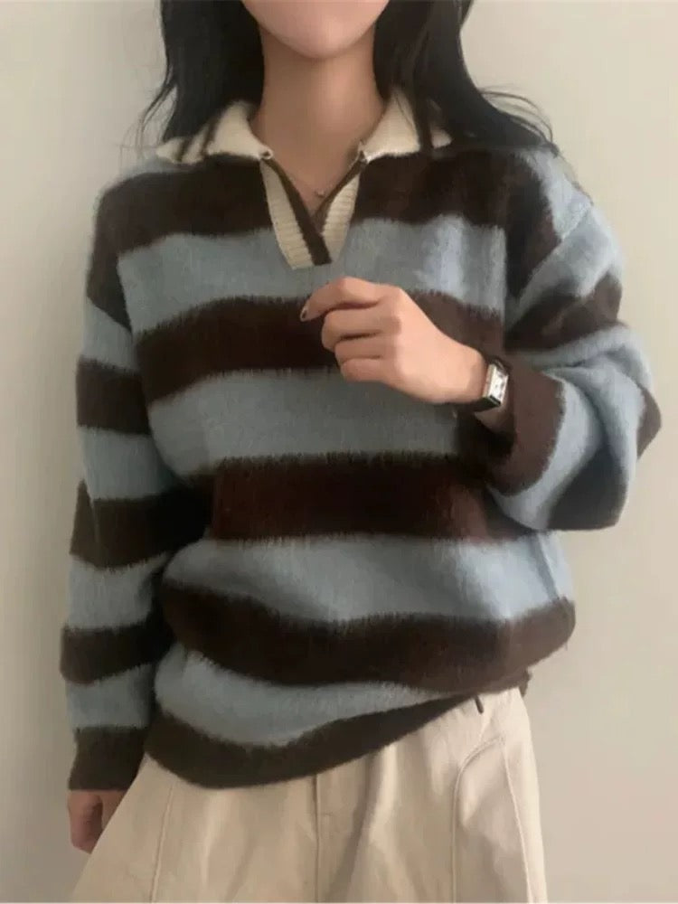 Striped Collar Brushed Knit Sweater