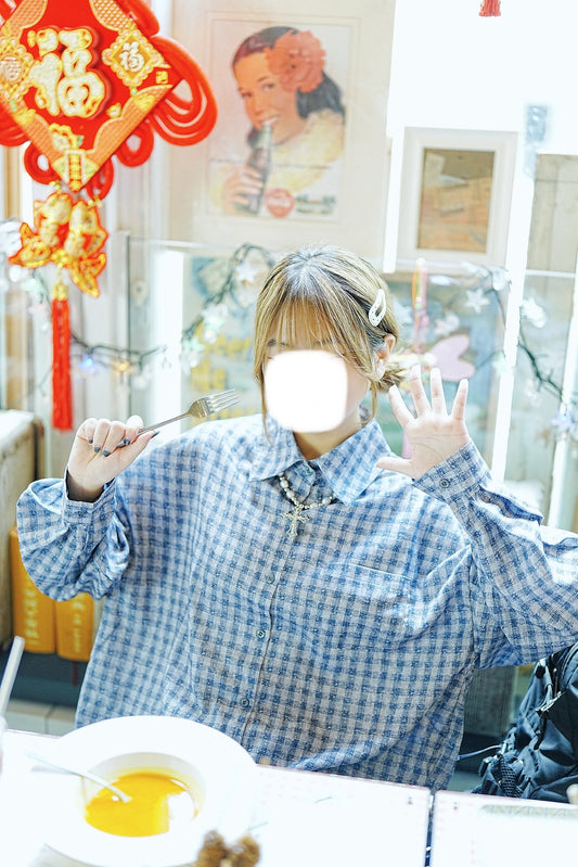 復古格紋ruffle襯衫 兩色入￼￼￼￼