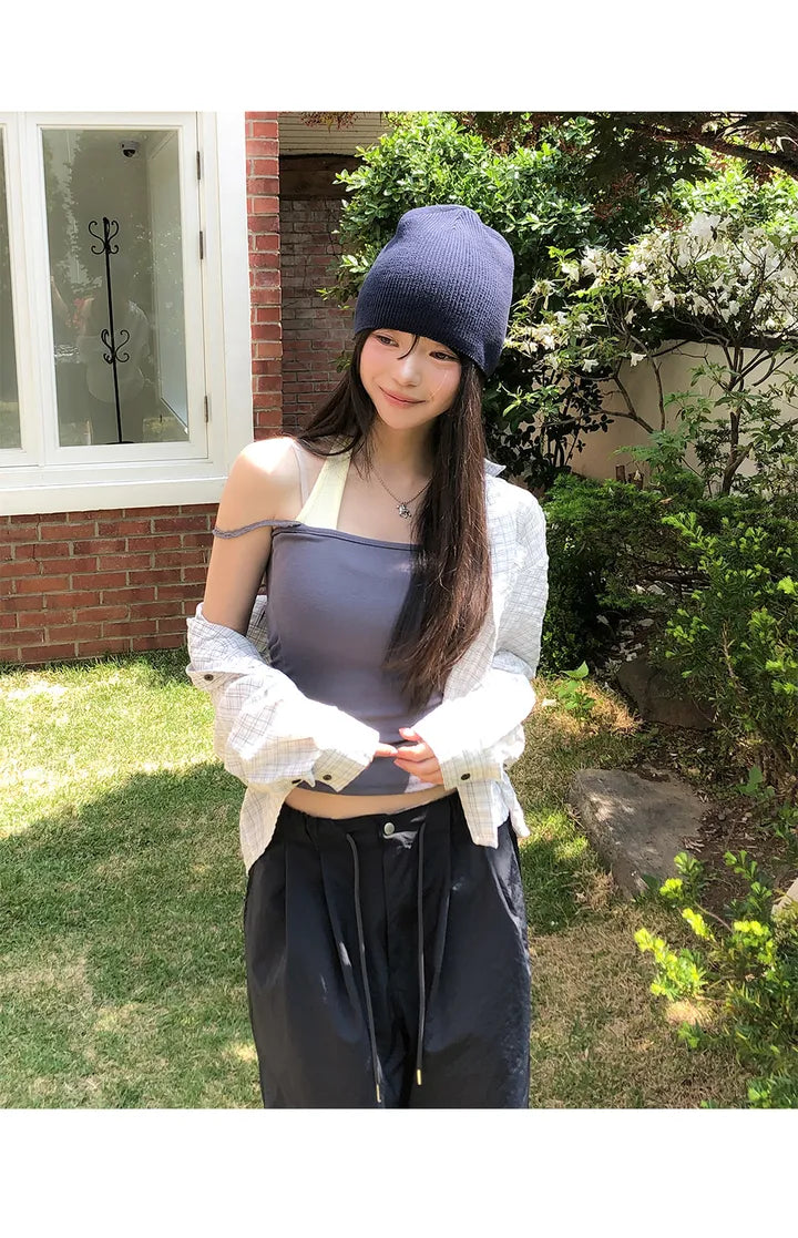 蕾絲假兩件掛脖背心 三色入