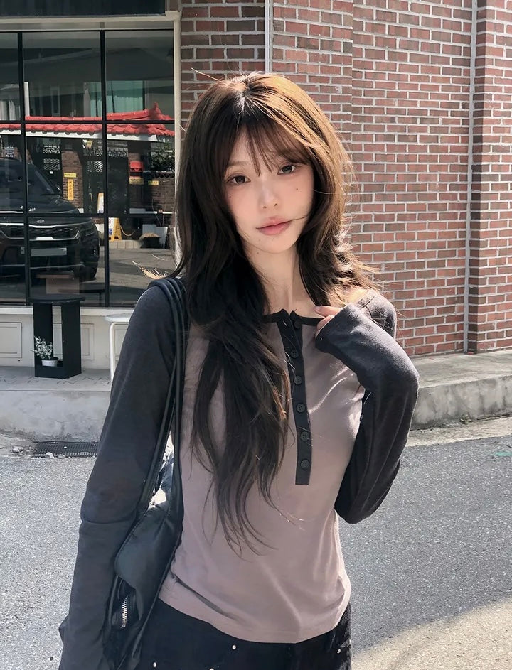 插肩半扣牛角Tee 三色入