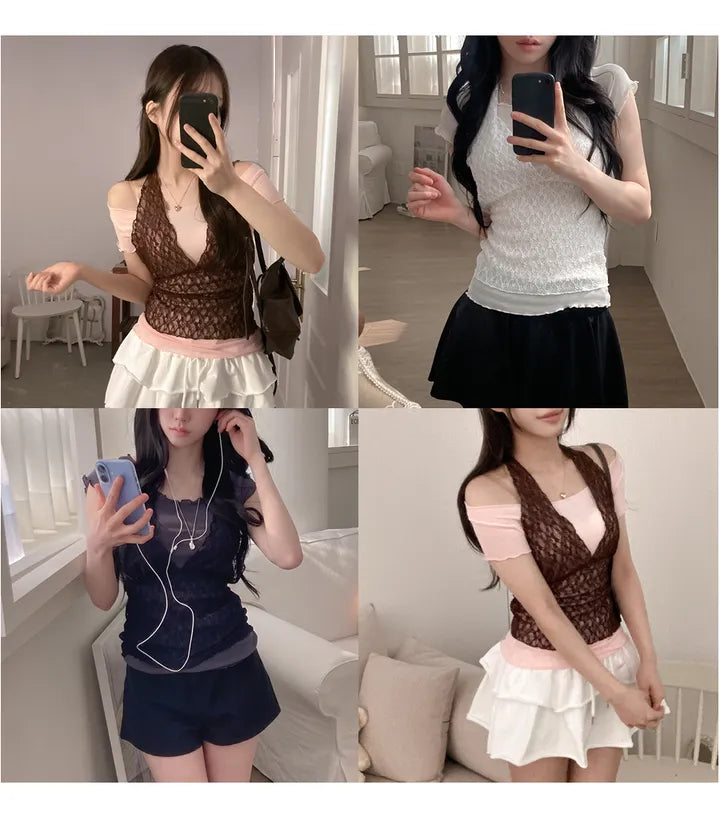 Lace V領短袖兩件set 三色入