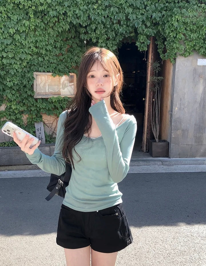 U領透透長袖Top 十三色入
