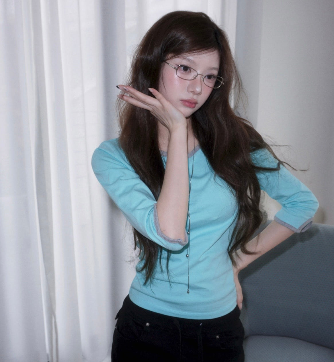 韓牌自家製3/4袖拼色Top 四色入