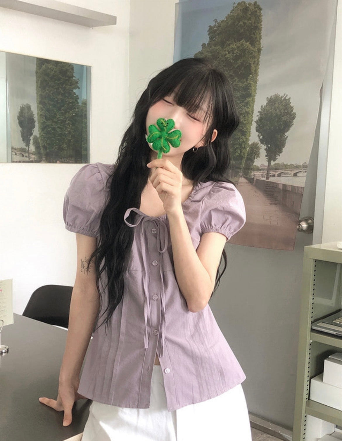 綁帶鈕扣修腰襯衫 四色入