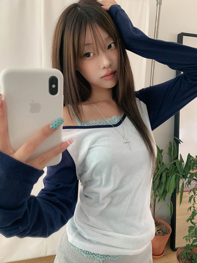 V領撞色透透Top 七色入