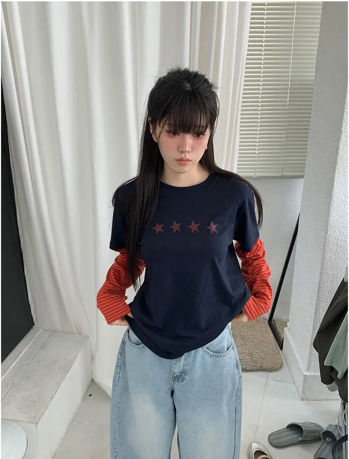 星星撞色假兩件Top 四色入